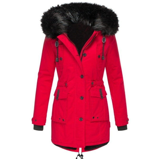 Hooded puffer jacket for women with faux fur trim and drawstring waist