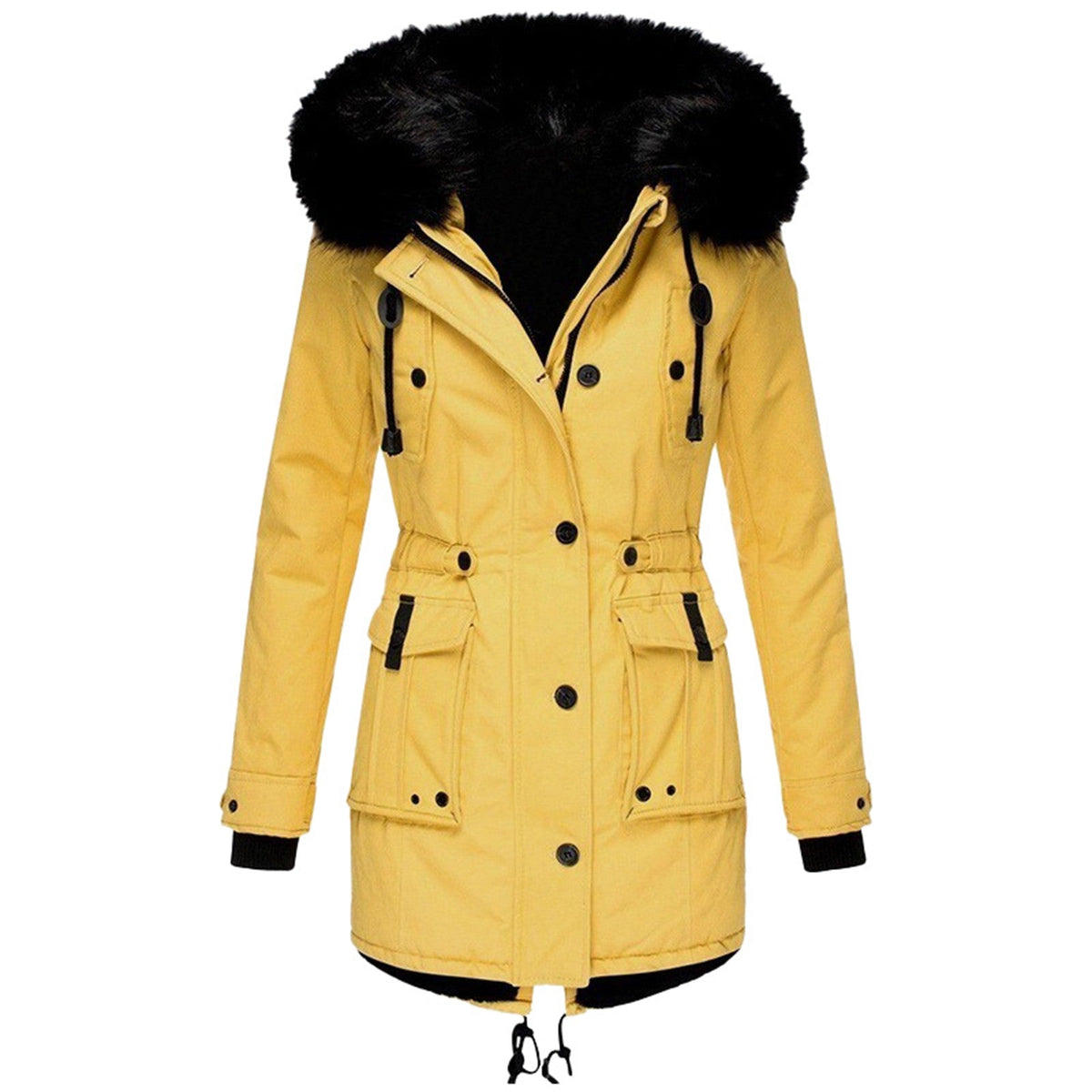 Hooded puffer jacket for women with faux fur trim and drawstring waist