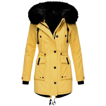 Hooded puffer jacket for women with faux fur trim and drawstring waist