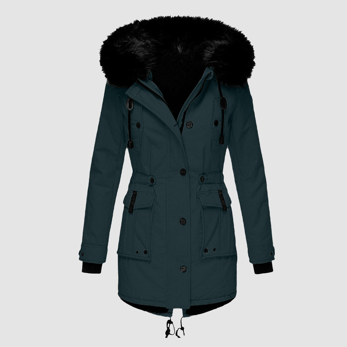 Hooded puffer jacket for women with faux fur trim and drawstring waist