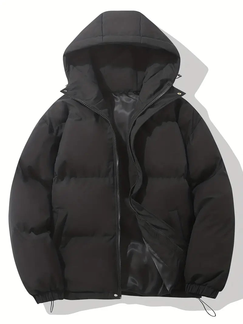 Hooded puffer jacket for women with zip front and elastic cuffs
