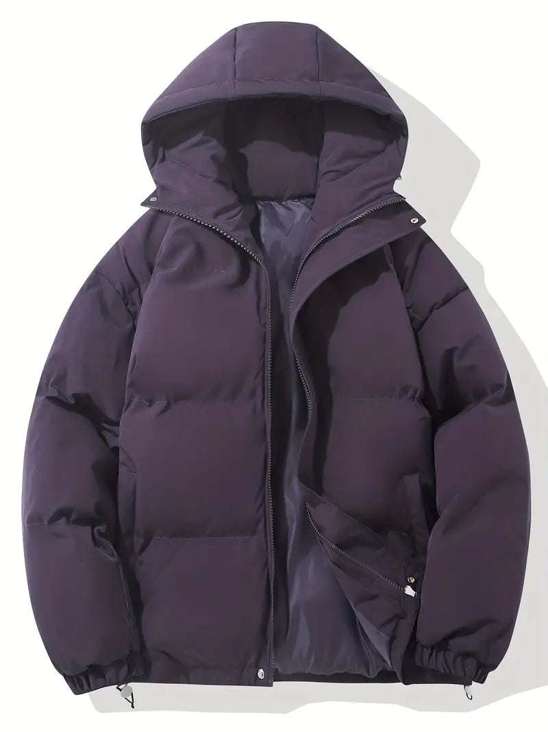 Hooded puffer jacket for women with zip front and elastic cuffs