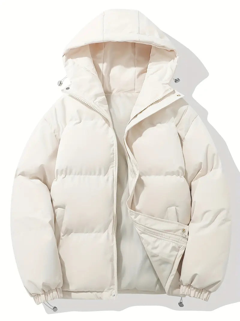 Hooded puffer jacket for women with zip front and elastic cuffs