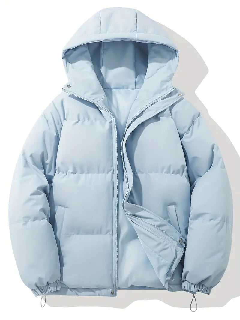 Hooded puffer jacket for women with zip front and elastic cuffs