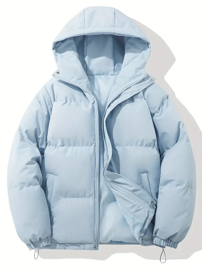 Hooded puffer jacket for women with zip front and elastic cuffs
