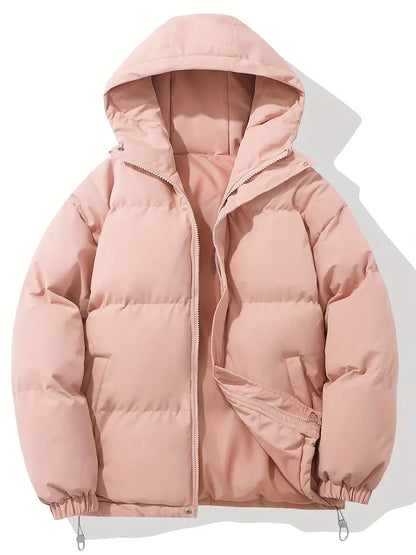 Hooded puffer jacket for women with zip front and elastic cuffs