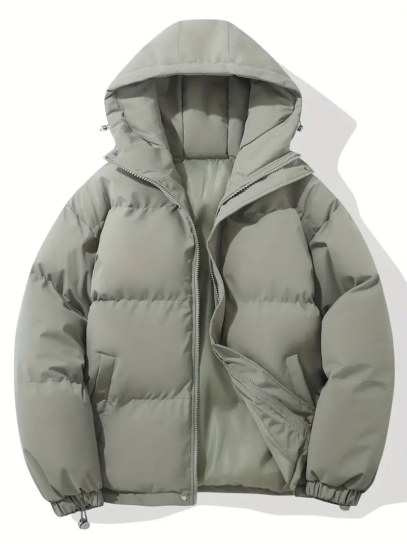 Hooded puffer jacket for women with zip front and elastic cuffs