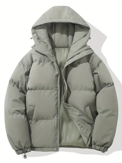 Hooded puffer jacket for women with zip front and elastic cuffs
