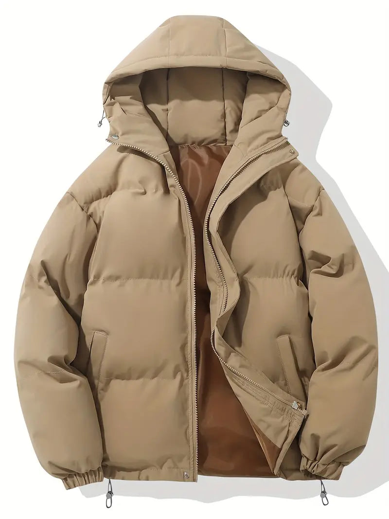 Hooded puffer jacket for women with zip front and elastic cuffs