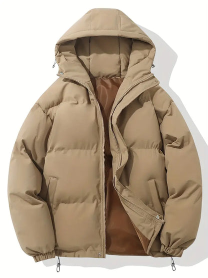 Hooded puffer jacket for women with zip front and elastic cuffs
