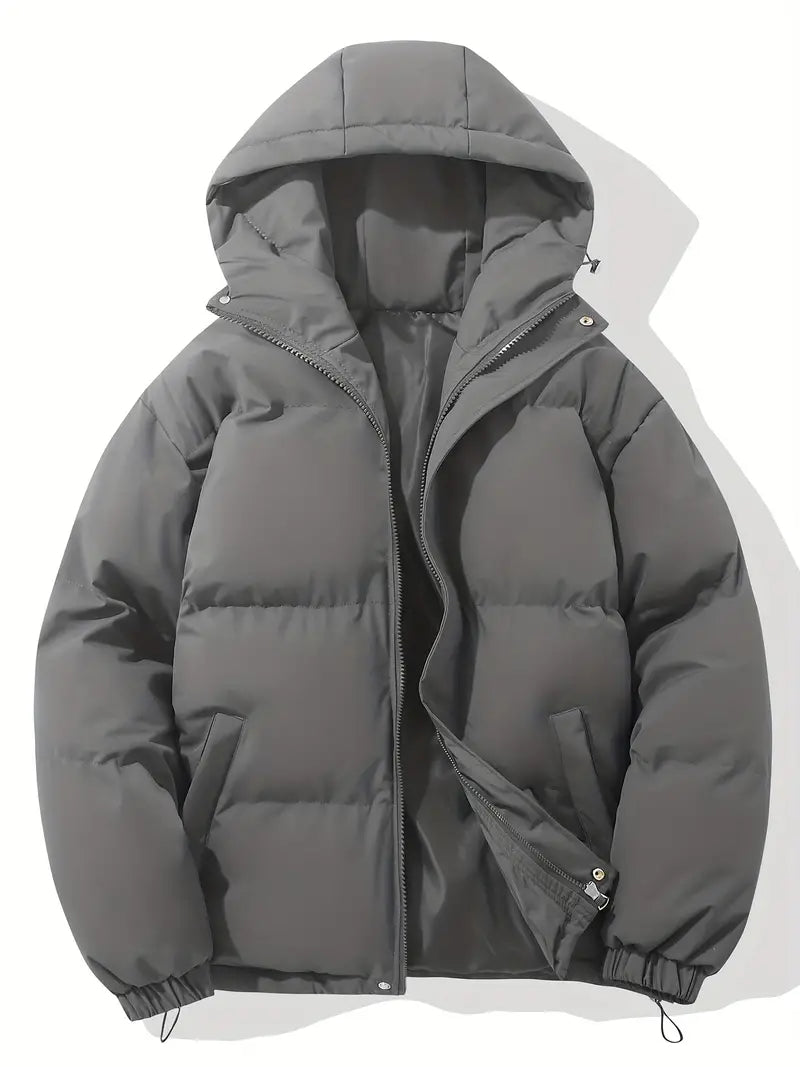Hooded puffer jacket for women with zip front and elastic cuffs