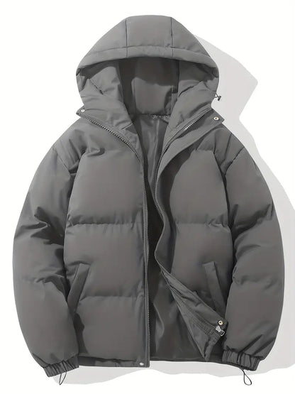 Hooded puffer jacket for women with zip front and elastic cuffs