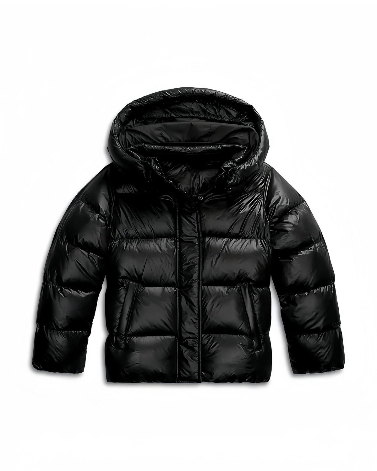 Womens puffer jacket with hood, full zip and side pockets