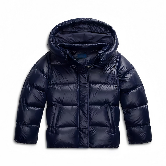 Womens puffer jacket with hood, full zip and side pockets
