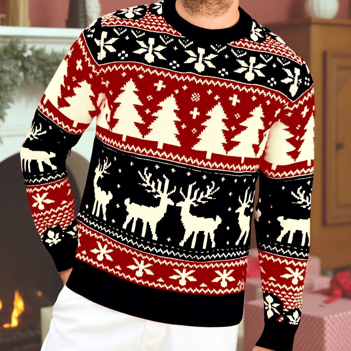 Men's ugly christmas sweater with crew neck and reindeer pattern