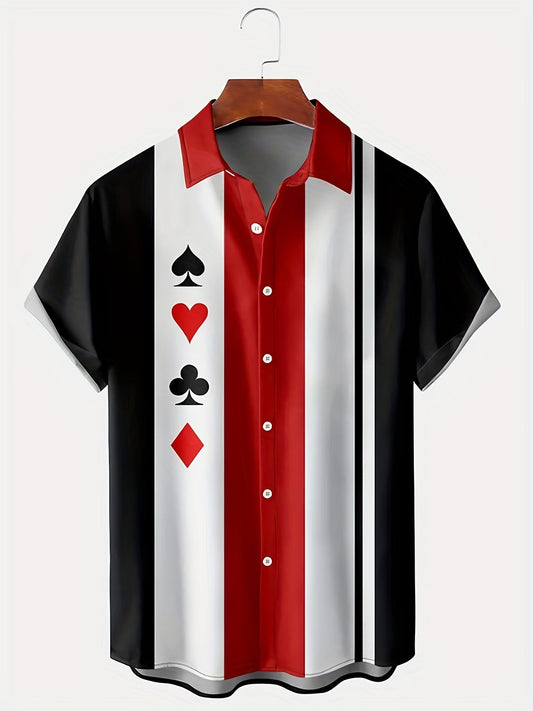 Button up shirts for men, short sleeve with poker print