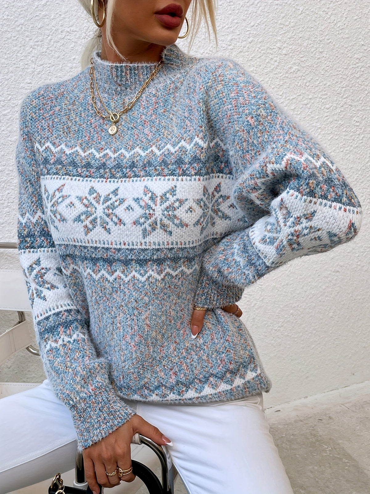 Womens Christmas sweater with snowflake pattern and mock neck