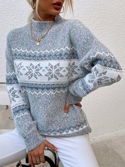 Womens Christmas sweater with snowflake pattern and mock neck