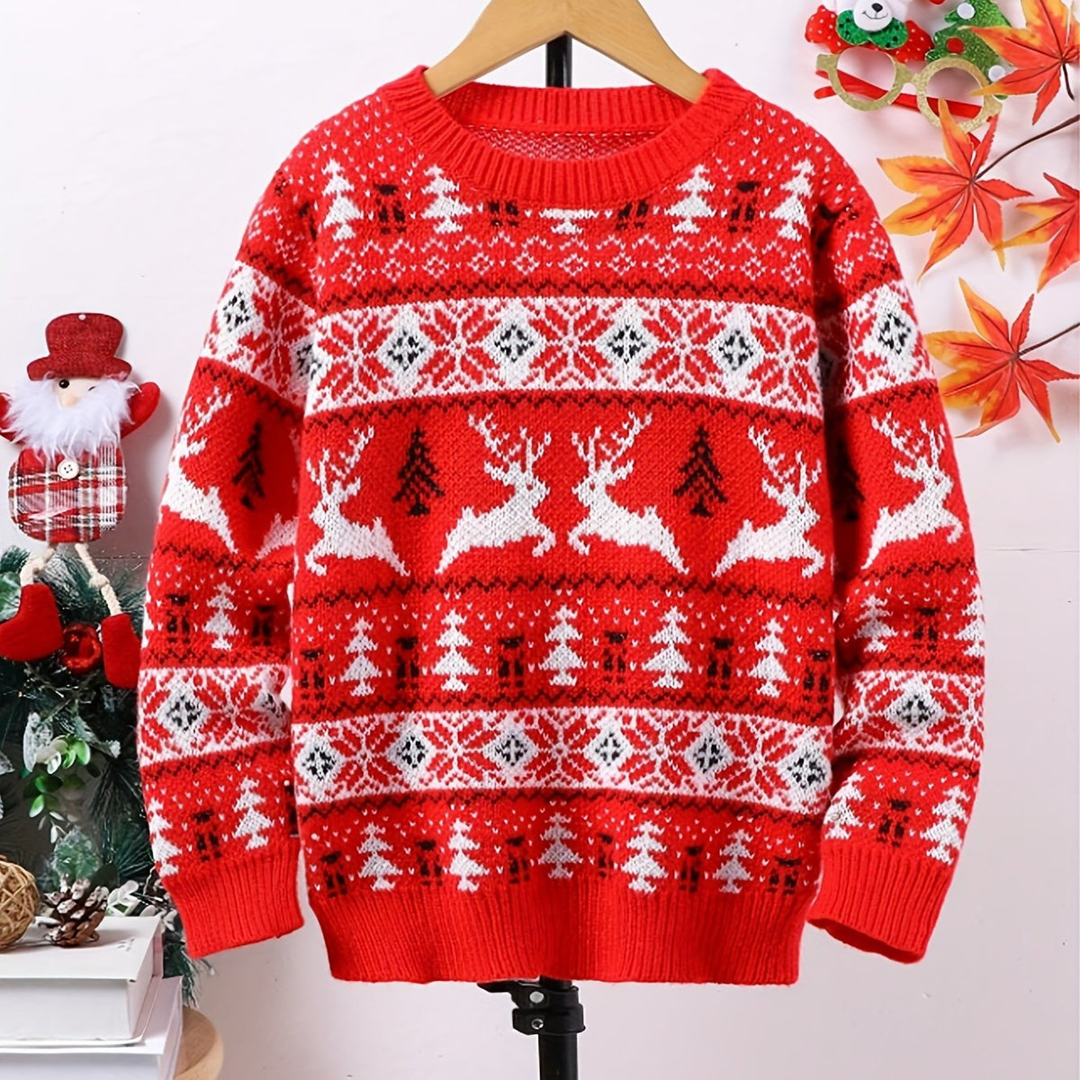 Womens christmas sweater with crew neck and reindeer pattern