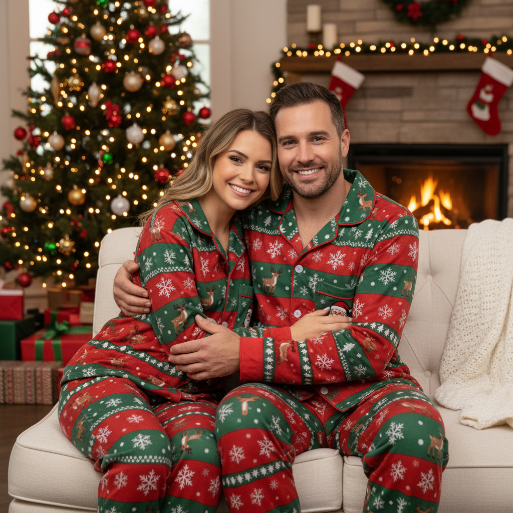 Christmas pajamas button down set with long sleeve top and pants