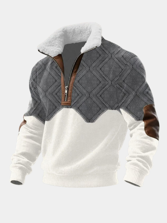 Quarter zip sweater for men with high collar and elbow patches