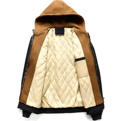 Hooded bomber jacket for men with plaid collar and sleeve pocket