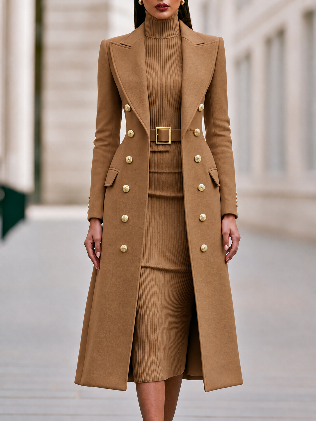 Double breasted coat and turtleneck midi dress set for women