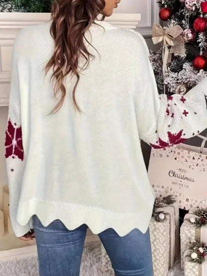 Womens Christmas sweater with snowflake tree pattern and scalloped hem