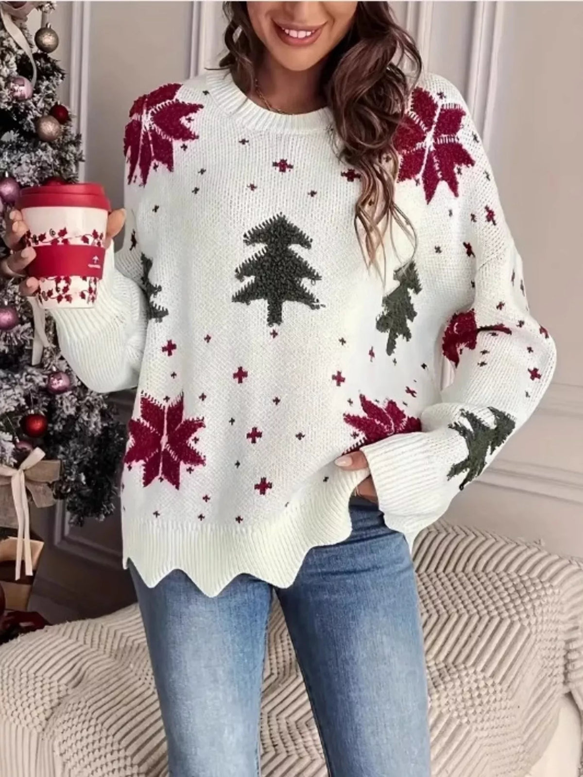 Womens Christmas sweater with snowflake tree pattern and scalloped hem