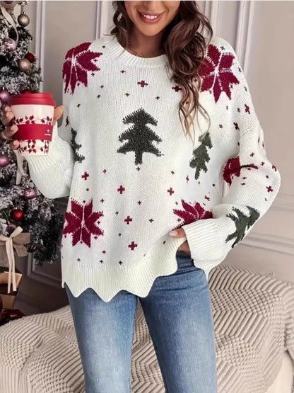 Womens Christmas sweater with snowflake tree pattern and scalloped hem