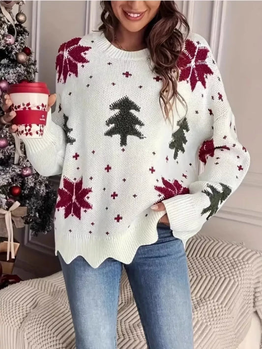 Womens Christmas sweater with snowflake tree pattern and scalloped hem