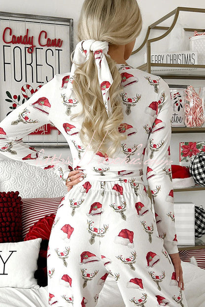 Christmas pajamas for women with Santa hat print, button neck and wide leg