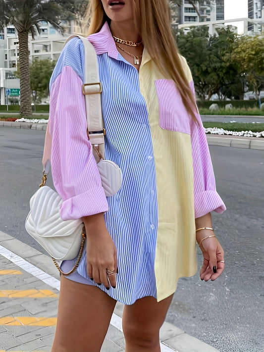 Colorblock striped shirts for women, long sleeve button down