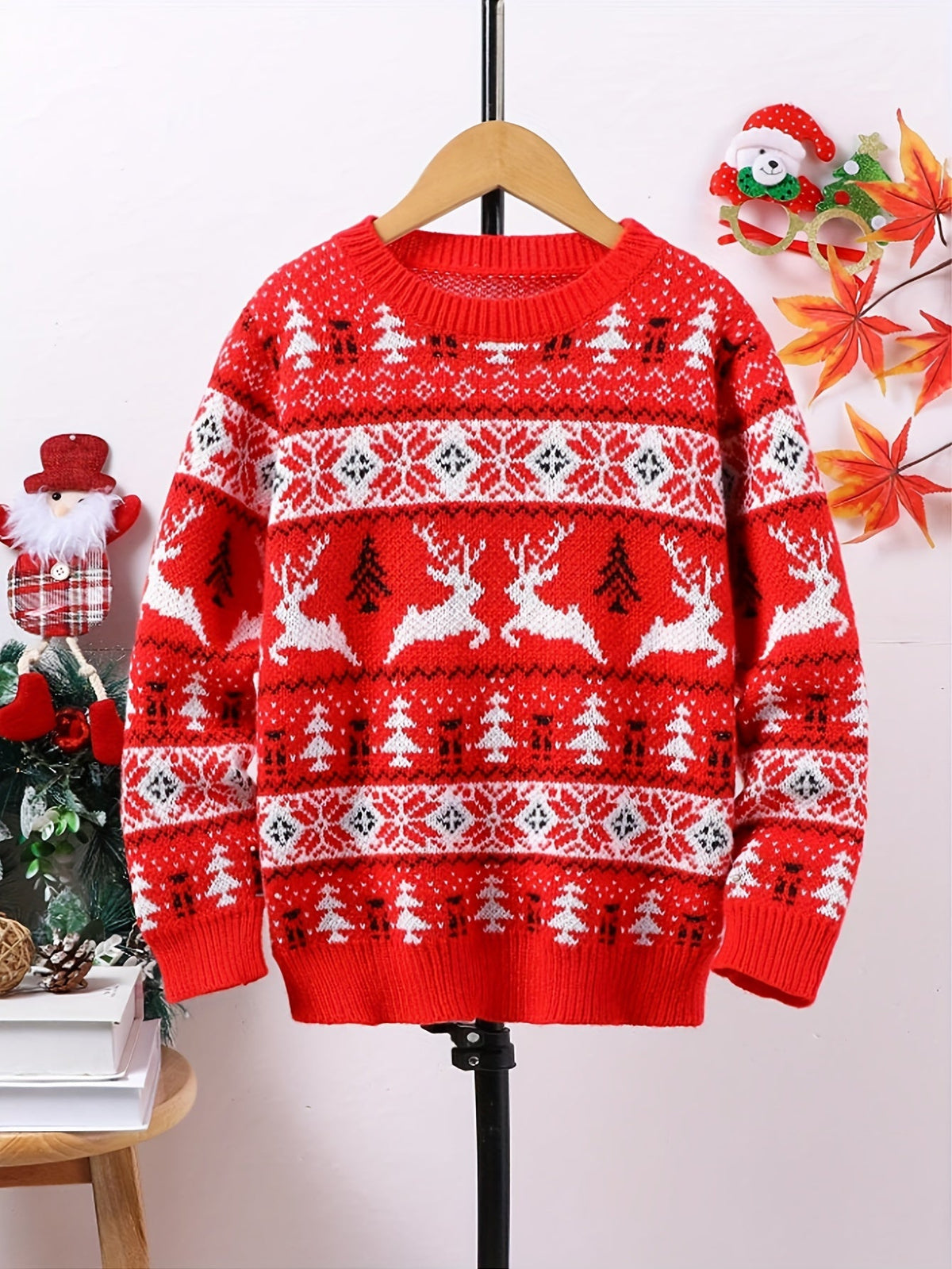 Womens christmas sweater with crew neck and reindeer pattern