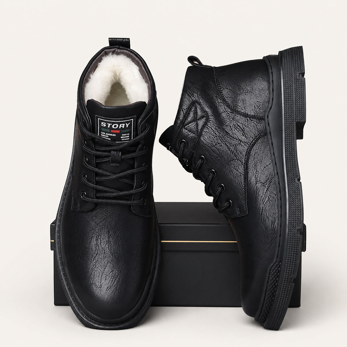 Men's boots with round toe, lace up front and contrast stitching