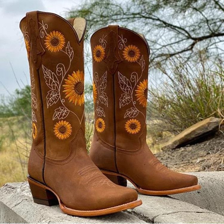 Cowboy boots for women with sunflower embroidery and square toe