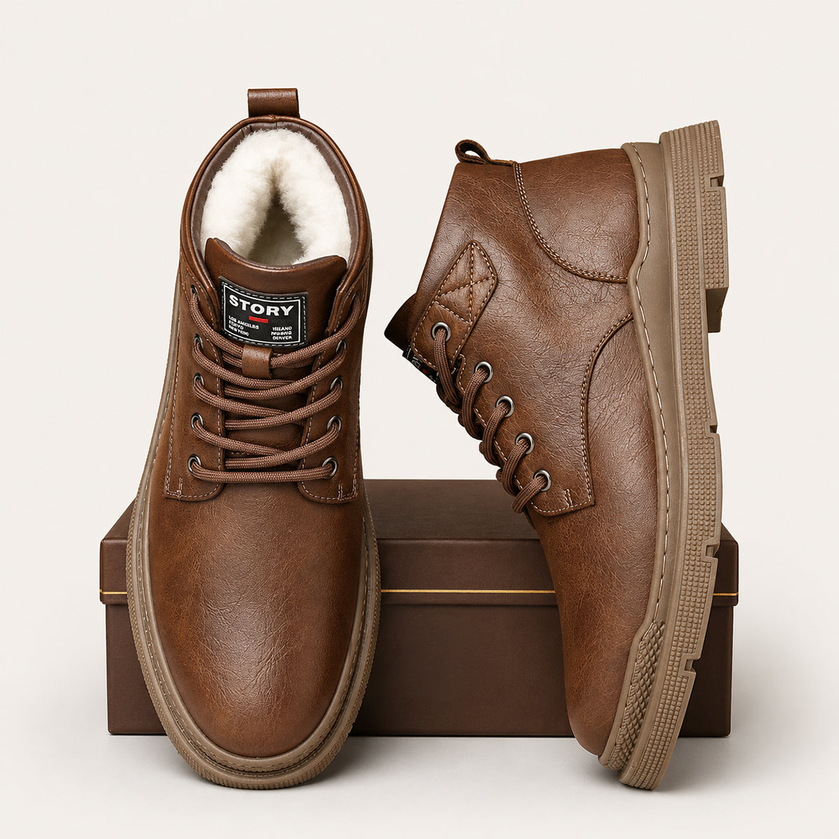 Men's boots with round toe, lace up front and contrast stitching