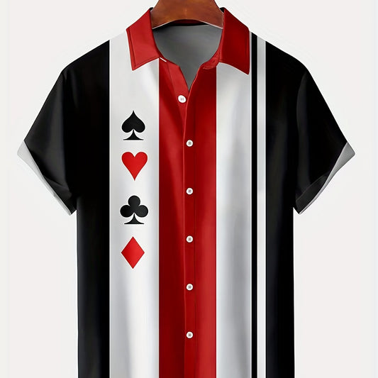 Button up shirts for men, short sleeve with poker print