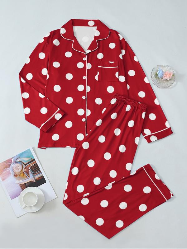 Christmas pajamas for women with notched collar button down top and chest pocket