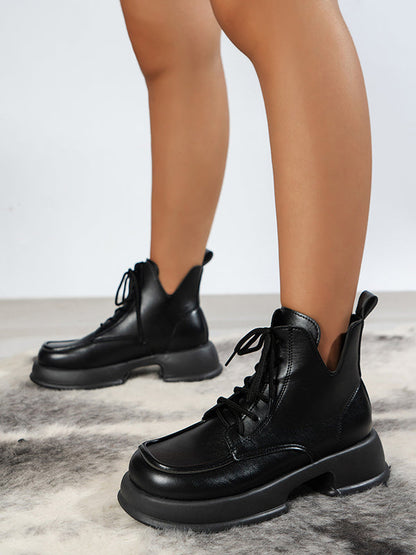 Platform ankle boots for women with lace up front and round toe