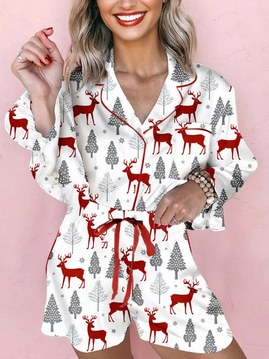 Christmas pajamas for women, long sleeve button up top and shorts set