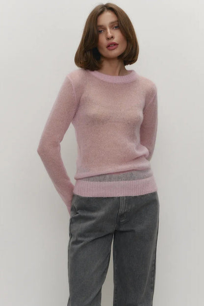 Women's sweaters, sheer crew neck pullover with long sleeves