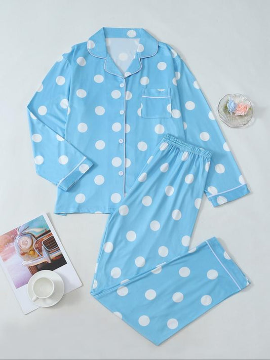 Christmas pajamas for women with notched collar button down top and chest pocket