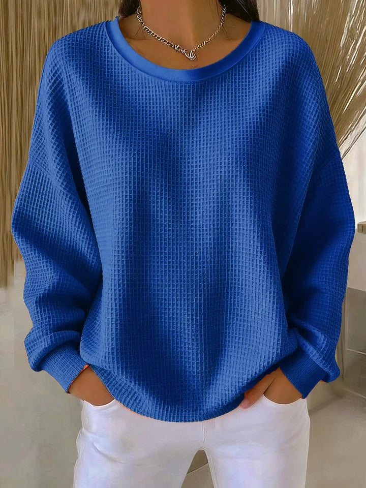 Women's sweaters, waffle knit crew neck pullover with long sleeves