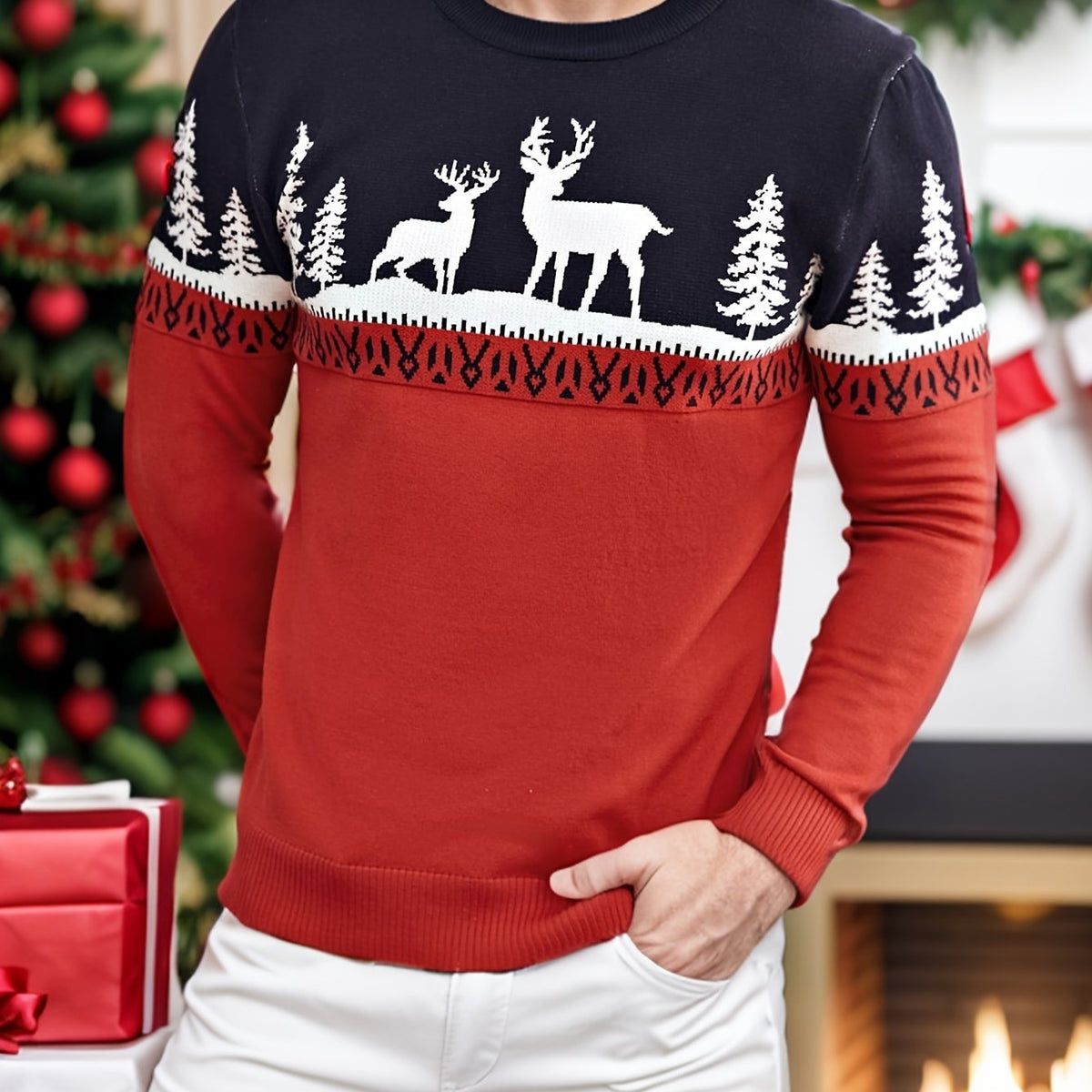 Ugly Christmas sweater for men with reindeer pattern and crew neck