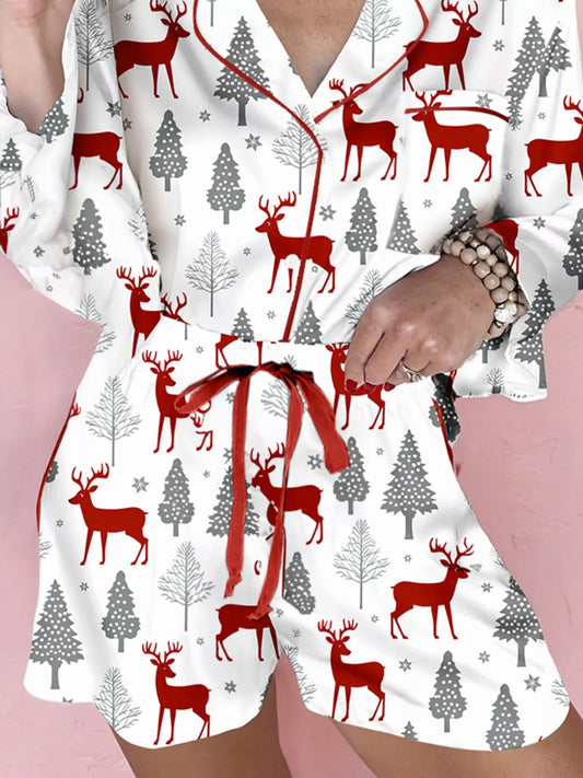 Christmas pajamas for women, long sleeve button up top and shorts set