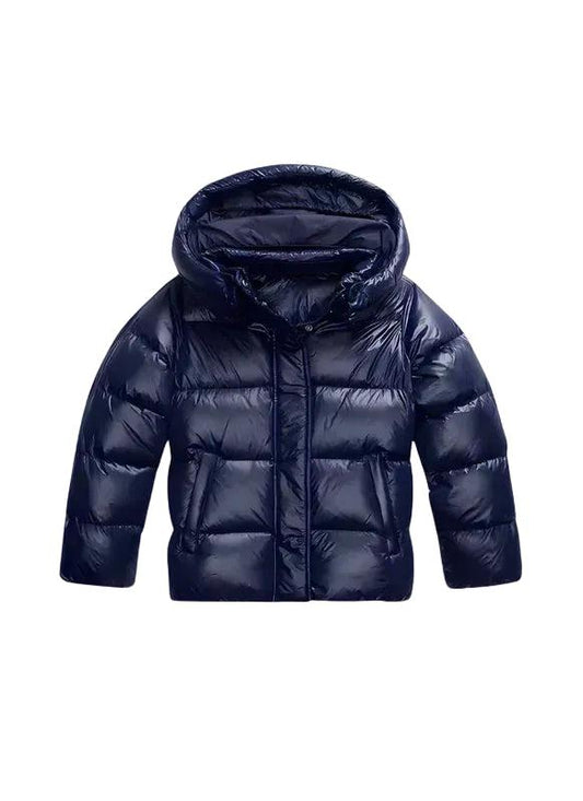 Womens puffer jacket with hood, short length and zip front for women