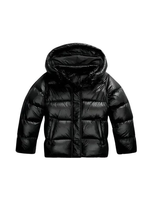 Womens puffer jacket with hood, short length and zip front for women