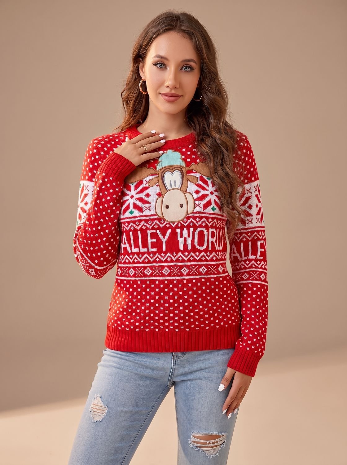 Womens Christmas sweater, crew neck long sleeve knit pullover