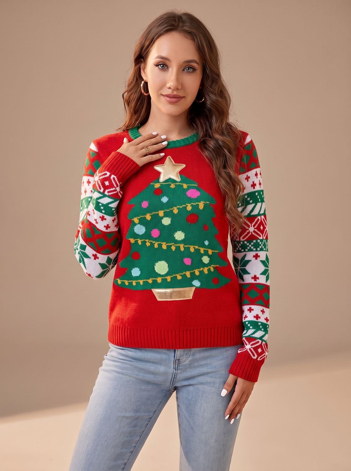 Womens Christmas sweater, crew neck long sleeve knit pullover